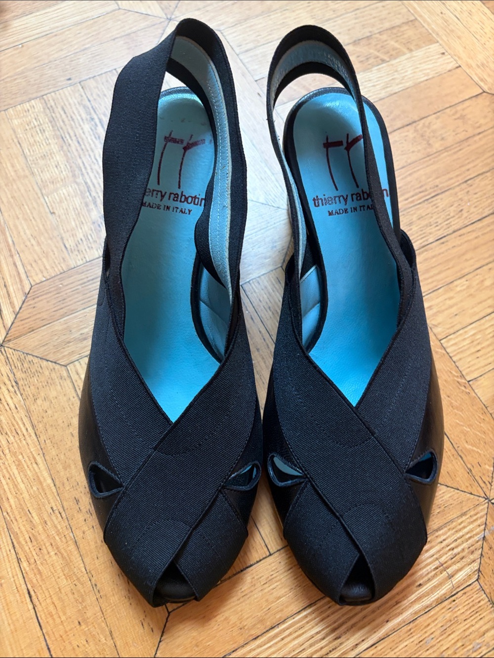 Thierry Rabotin Black Slingback Peep-Toe Heels with Blue Insole